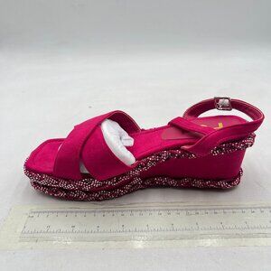 FSJ Hot Pink Glitter Open Toe Sandals Ankle Strap Wedge Heeled Casual  Shoes